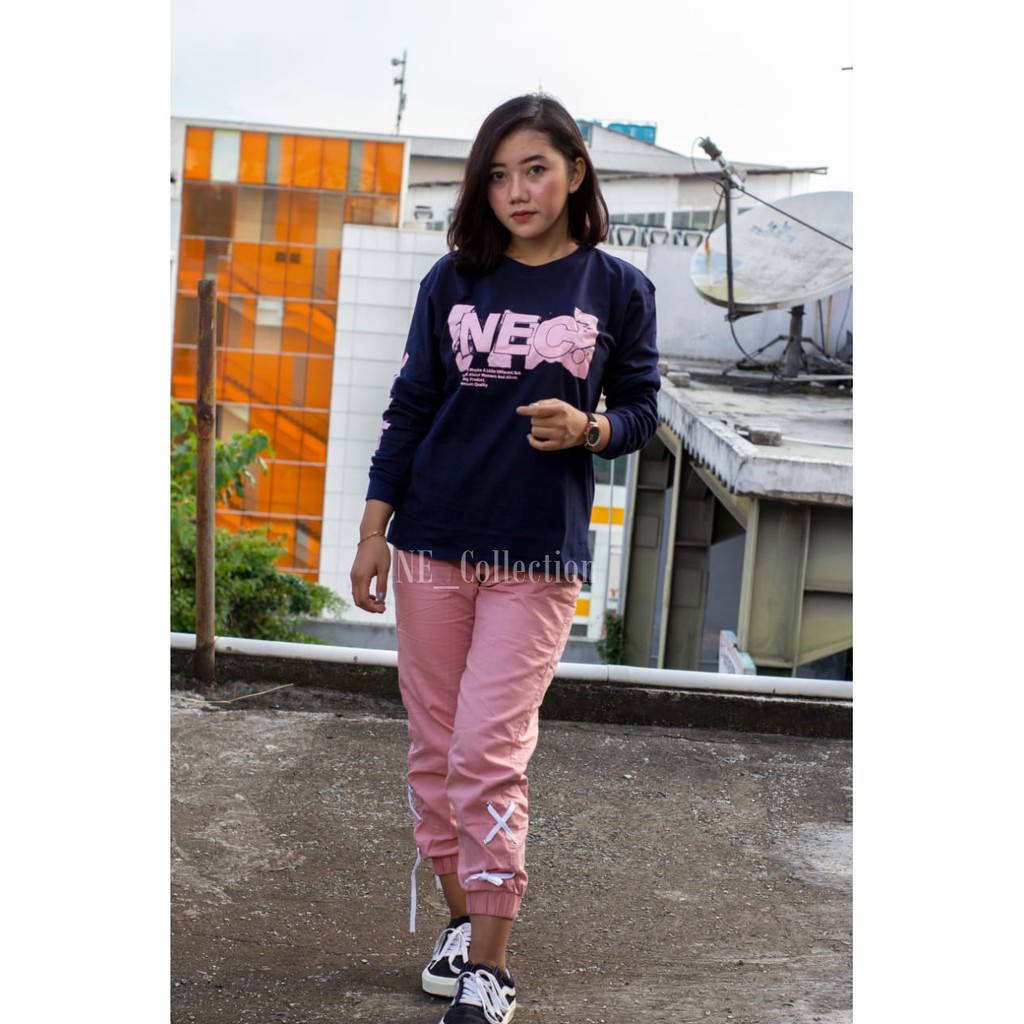 Kaos Zolaqu Atasan Wanita Kaos Lengan Panjang NEC ORI Trendy Motif Navy Screen Modis