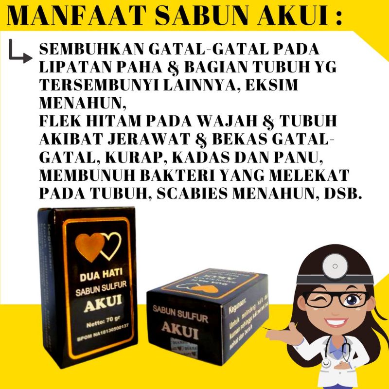 Sabun Sulfur BPOM / Sabun Belerang / Sabun Gatal / Sabun Akui / Sabun Dua Hati Atasi Gatal, Eksim, Kadas, Kurap, Panu, Flek Hitam &amp; Membunuh Bakteri / Sabun Anti Gatal / Sabun Menghilangkan Flek Hitam / Sabun Eksim / Sabun Panu / Sabun Kurap / Sabun Kadas