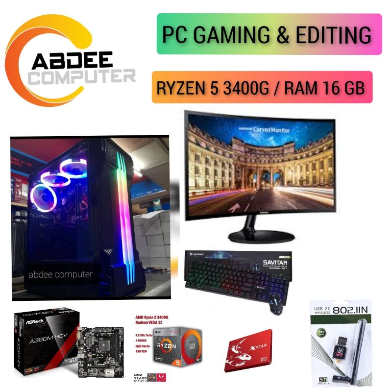 PC GAMING 1 SET RYZEN 5 3600 MEMORI 16 GB VGA 4 GB GTX 1050 TI LED 24 IN WIDESCREEN 75HZ