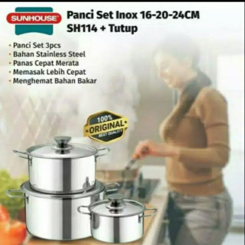Panci Set Stainless Steel Sunhouse SH114 Size 16, 20, 24cm Set Panci Kuping 3pcs