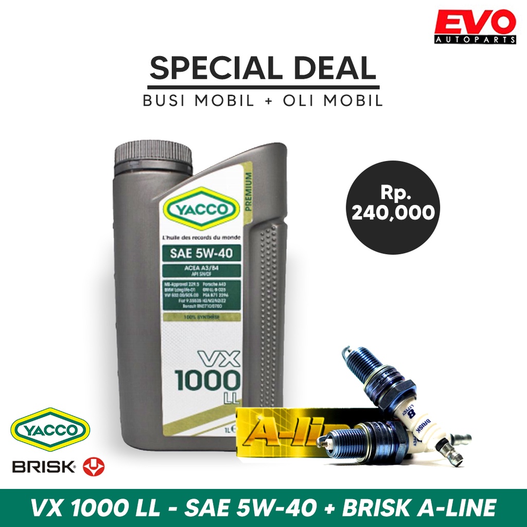 Paket Bundling Busi Mobil Brisk A-Line dan Oli Mobil Yacco VX 1000