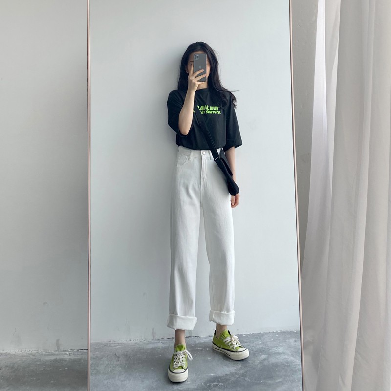  Celana  Panjang  Model Longgar High Waist Lurus Warna  Putih  