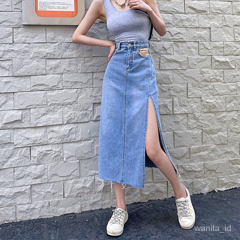 【wanita.id】rok jeans panjang korean style skirt midi rok denim panjang rok belah samping rok daily rok sepan sma rok model a jumbo