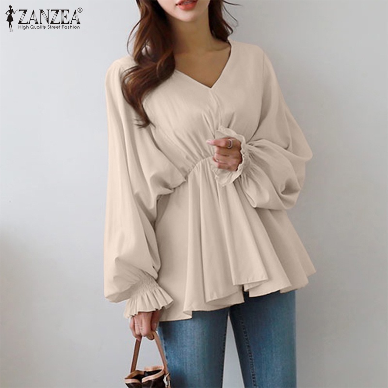 ZANZEA Women V Neck Casual Elastic Waist Lantern Sleeve Ruffles Hem Korea Blouse