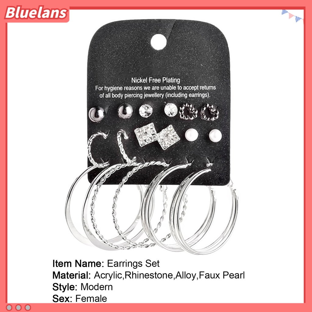 Bluelans 9 Pairs Earring Rhinestone Inlaid Jewelry Gift Alloy Stud Hoop Earrings Set