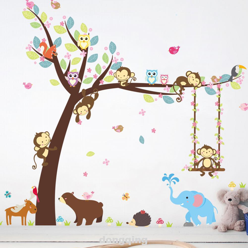 2pcs Stiker Dinding Bahan Pvc Gambar Kartun Binatang Hutan Untuk