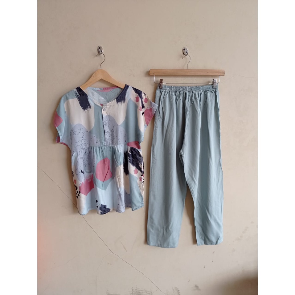 SETELAN BAJU TIDUR PIYAMA WANITA ONE SET PAJAMAS RUFFLE KANCING BUSUI CELANA PANJANG-BBR 37