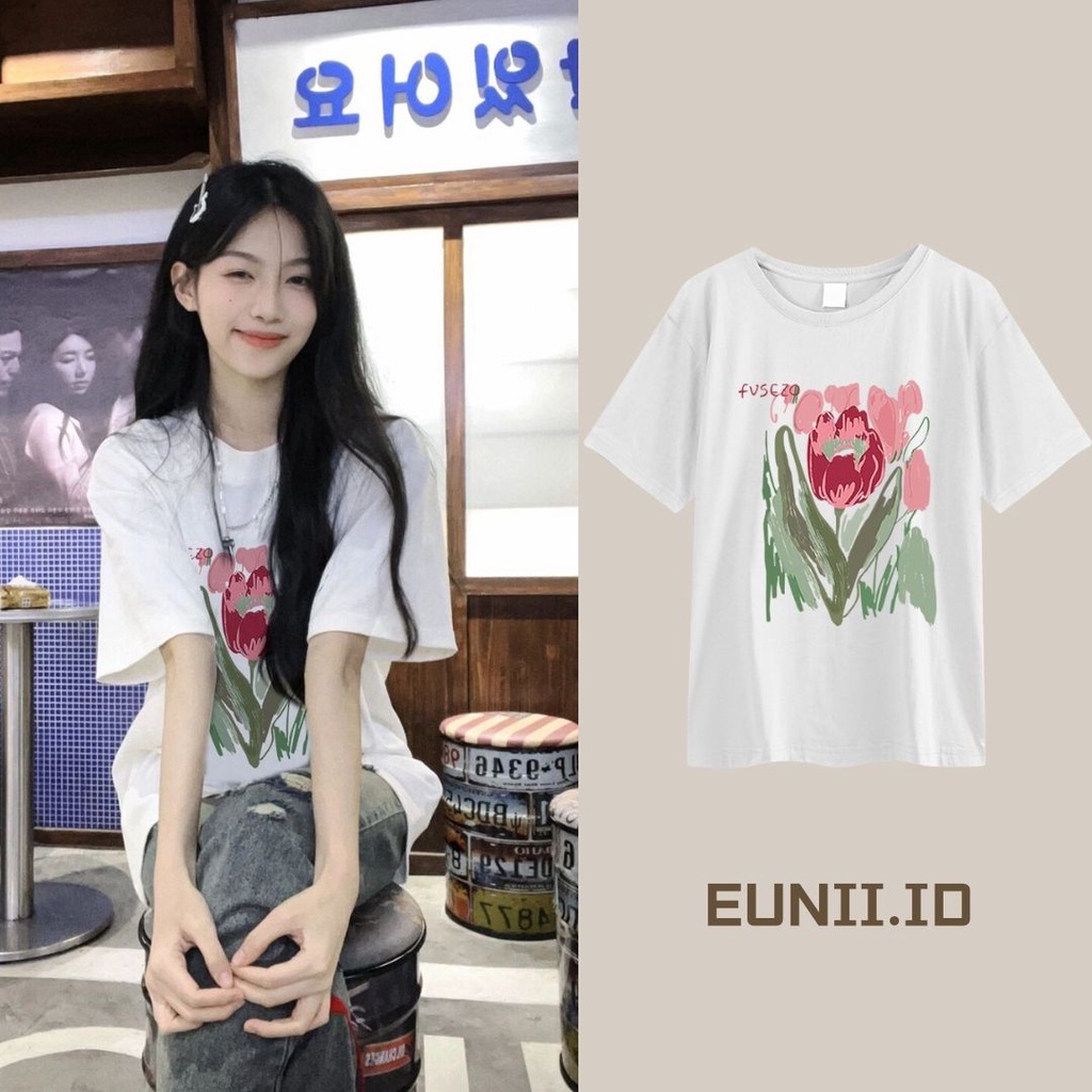 EUNII T-shirt Lengan Pendek Tulip Longgar Korean Style/Kaos Atasan Wanita/Baju Kaus Oversize Wanita