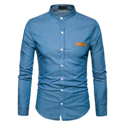 Import Terbaru  AtasanPria Stand Collar Long Sleeve Spliced Leather Pocket Button Men Shirt