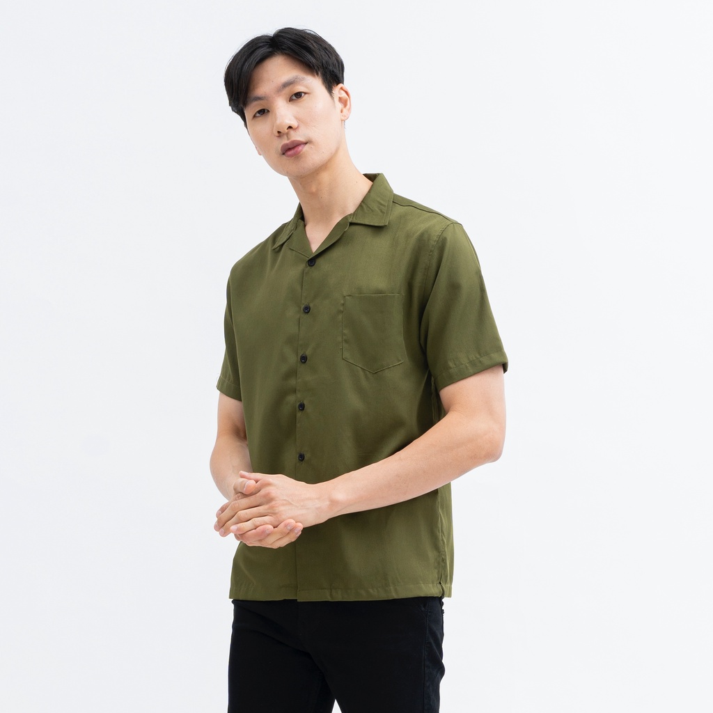 SANVANINA Kemeja Bowling Shirt Basic Army Green | Kemeja Polos Santai Hijau Army E-1445J