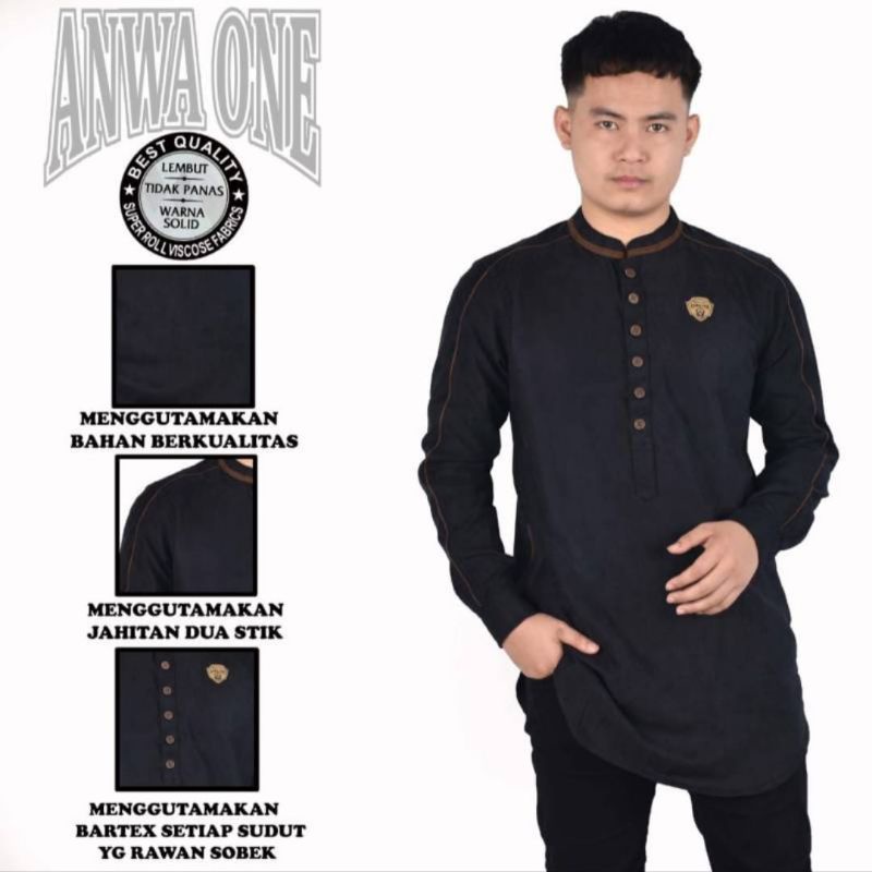 Baju Koko Pria Muslim Kurta Pakistan Kekinian Terpopuler Lengan Panjang Original ANWA ONE / FOUR ONE