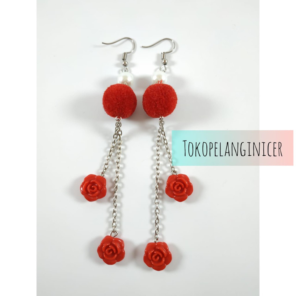 Anting fashionn wanita/ Anting hijab Pompom Juntai Mawar Mini By Tokopelanginicer