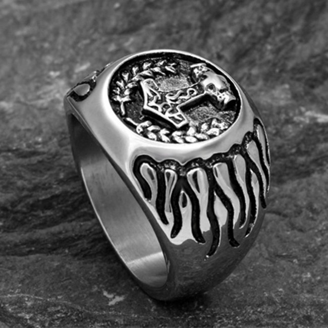 Men's Rings Vintage Antiques Gothic Cars Nordic Myths Thor Hammer Design Stainless Steel Punk Ring Black Silver Ring