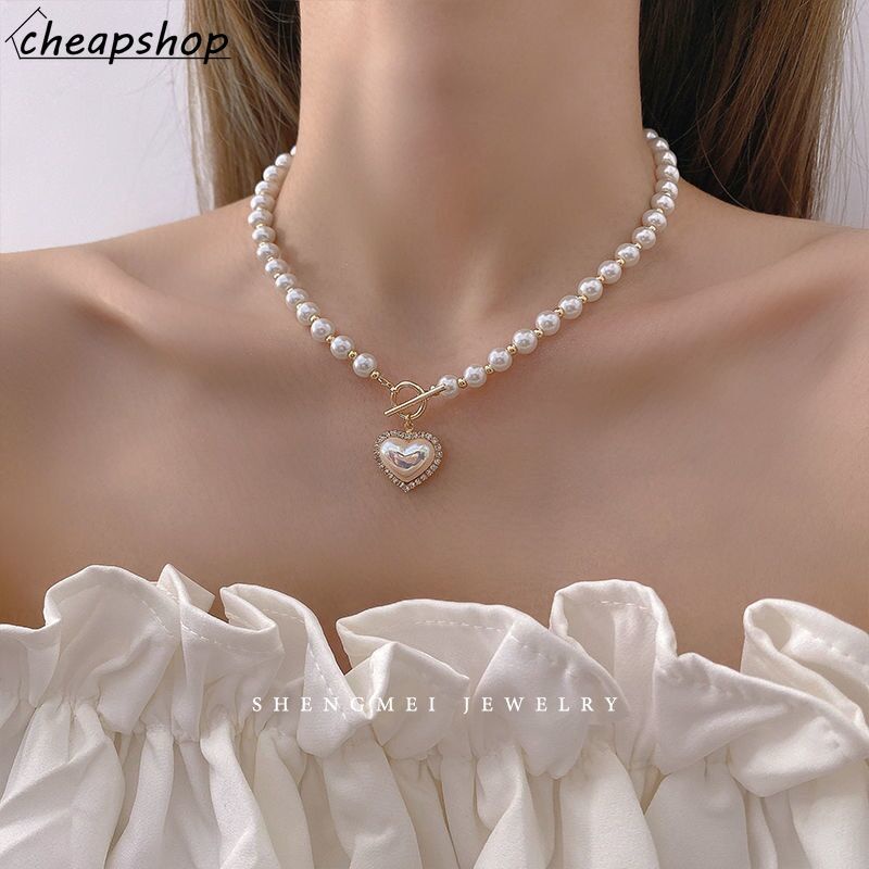 IFYOU Kalung Rantai Choker Hias Mutiara Hati Gaya Korea Untuk Wanita