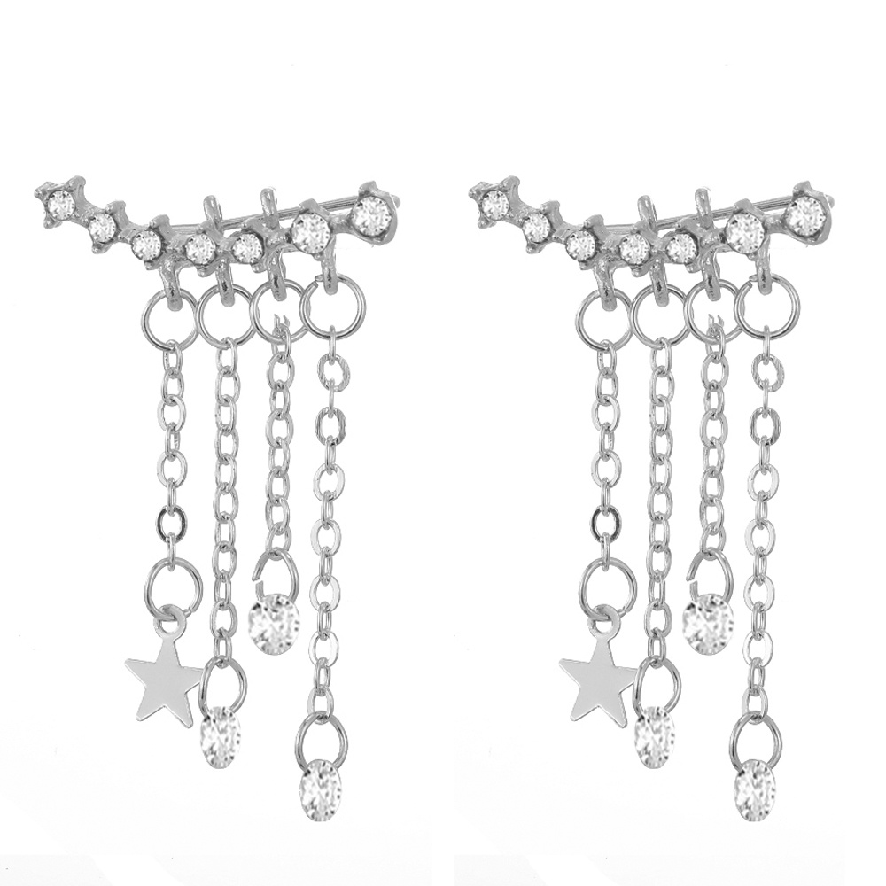 Anting Gantung Panjang Tusuk Gaya Korea Motif Bintang Aksen Kristal + Rumbai Untuk Perhiasan Wanita