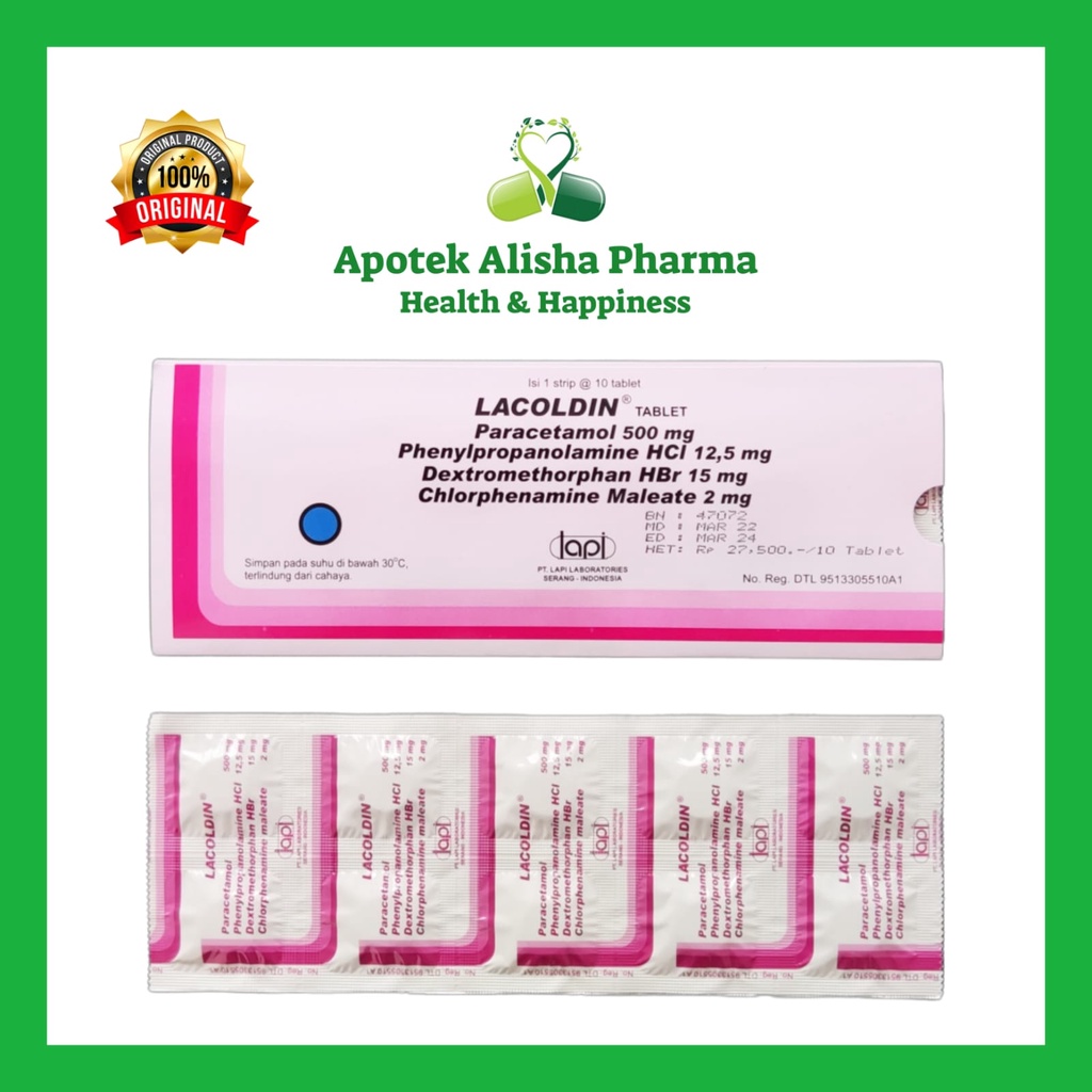 Lacoldin Strip 10tablet-Lacoldin Tablet Obat Batuk/Flu/Pilek/Hidung Tersumbat/Panas/Demam/Pusing/Sakit Kepala/Lakoldin Tablet