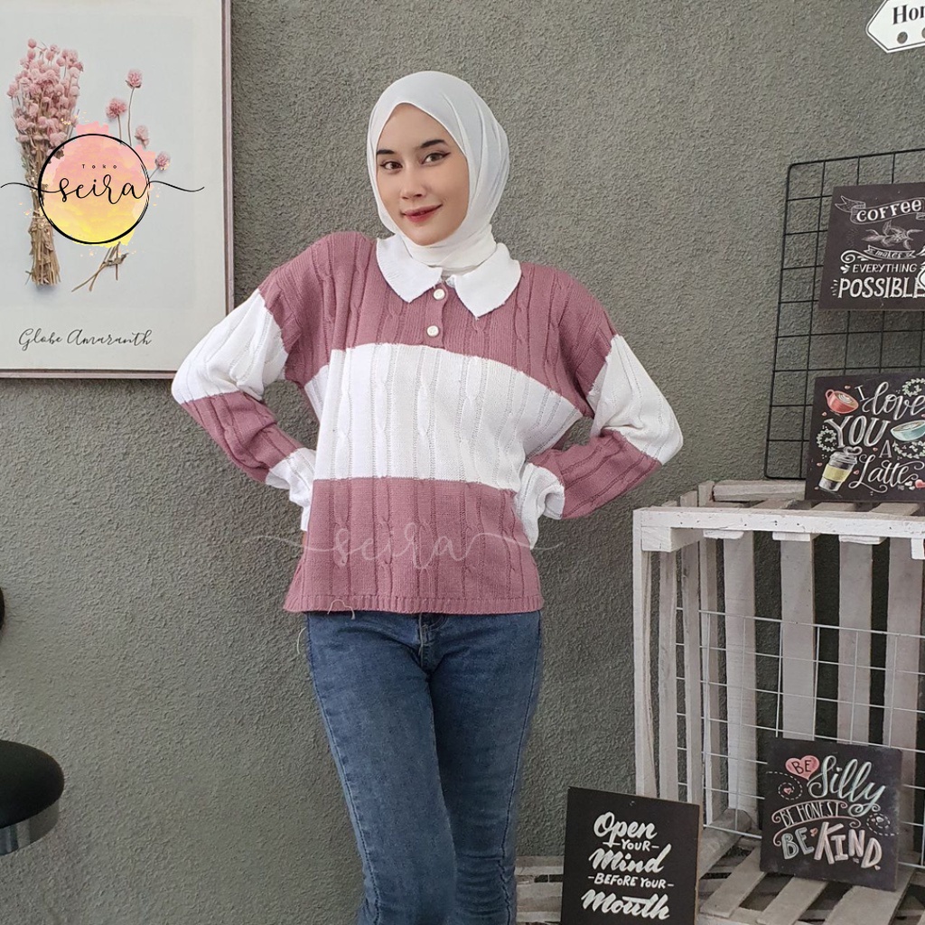 [BISA COD] Ariana Cable Crop Top / Arinka Cable Blouse / Colla Cable 2 Tone / Sweater Rajut Polo Blouse Korean Style