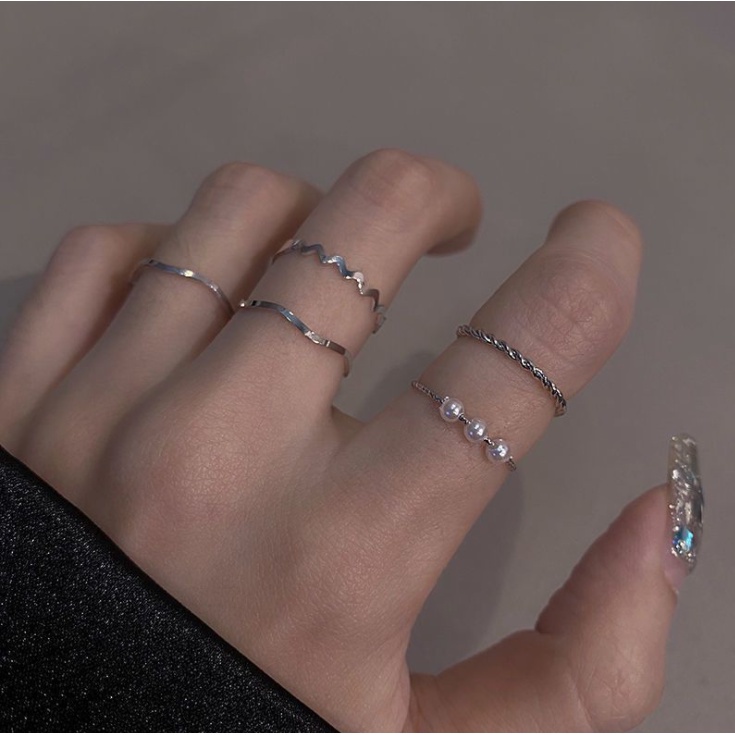 5pcs / Set Cincin Mutiara Gaya Korea Untuk Wanita