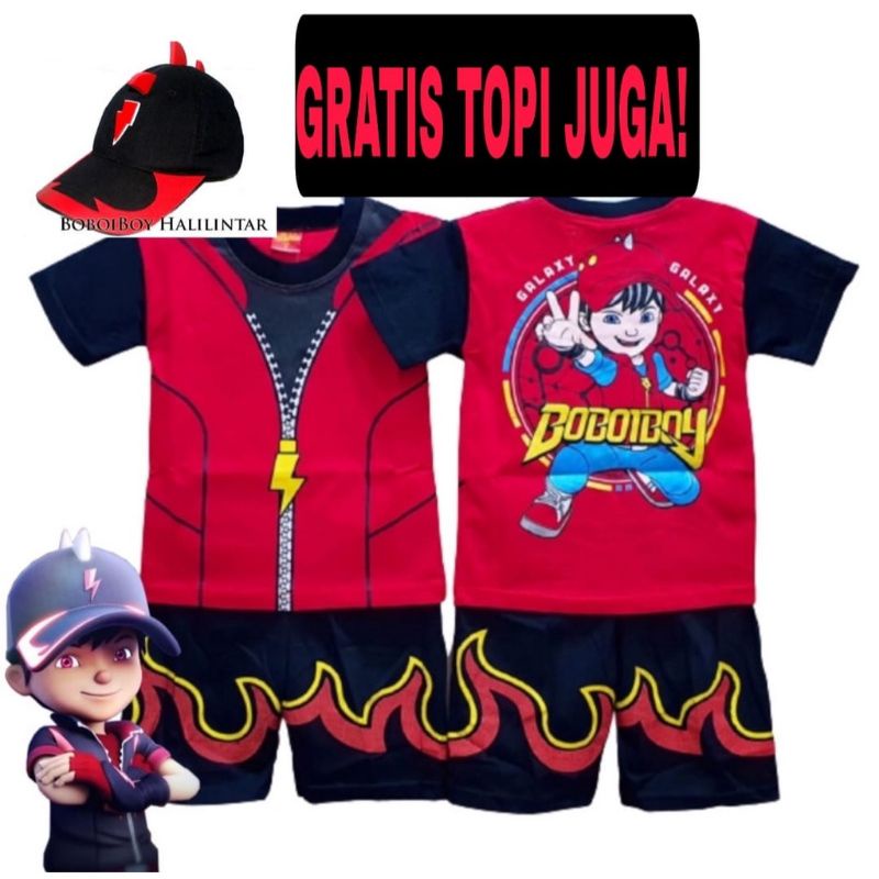 Baju Setelan Boboiboy Anak Halilintar Gratis Topi