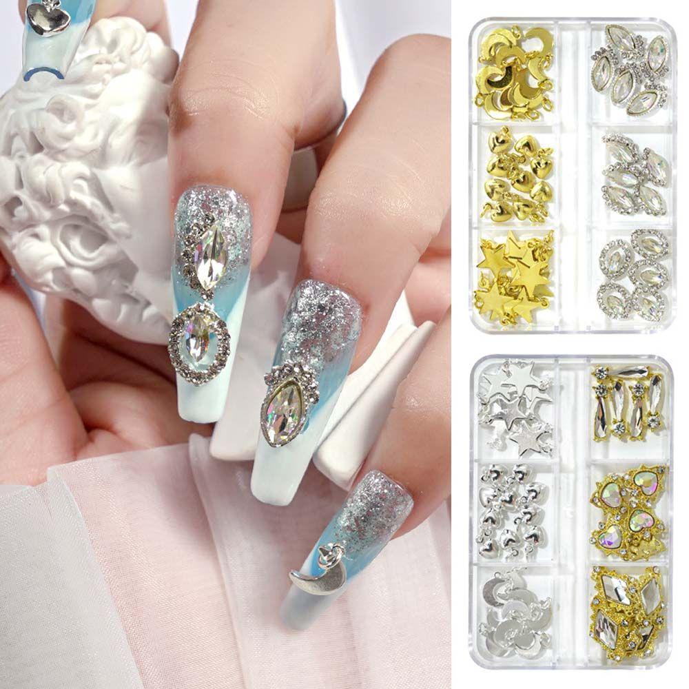 Mxbeauty Nail Art Rhinestones Fashion Warna Emas Perak Manikur Aksesoris Kuku Bor Bintang Bulan 3D Perhiasan Kuku