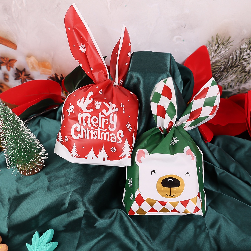 20pcs Tas Permen Desain Telinga Kelinci Santa Claus Snowman Untuk Perlengkapan Pesta Natal
