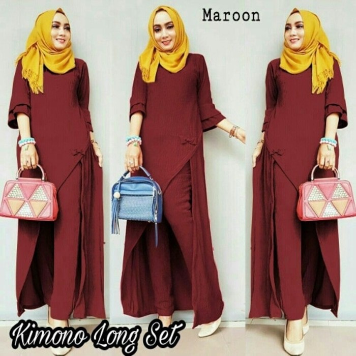 Terbaru Kimono Long Maroon Baju Setelan Muslim Wanita Kekinian Setelan Hijab