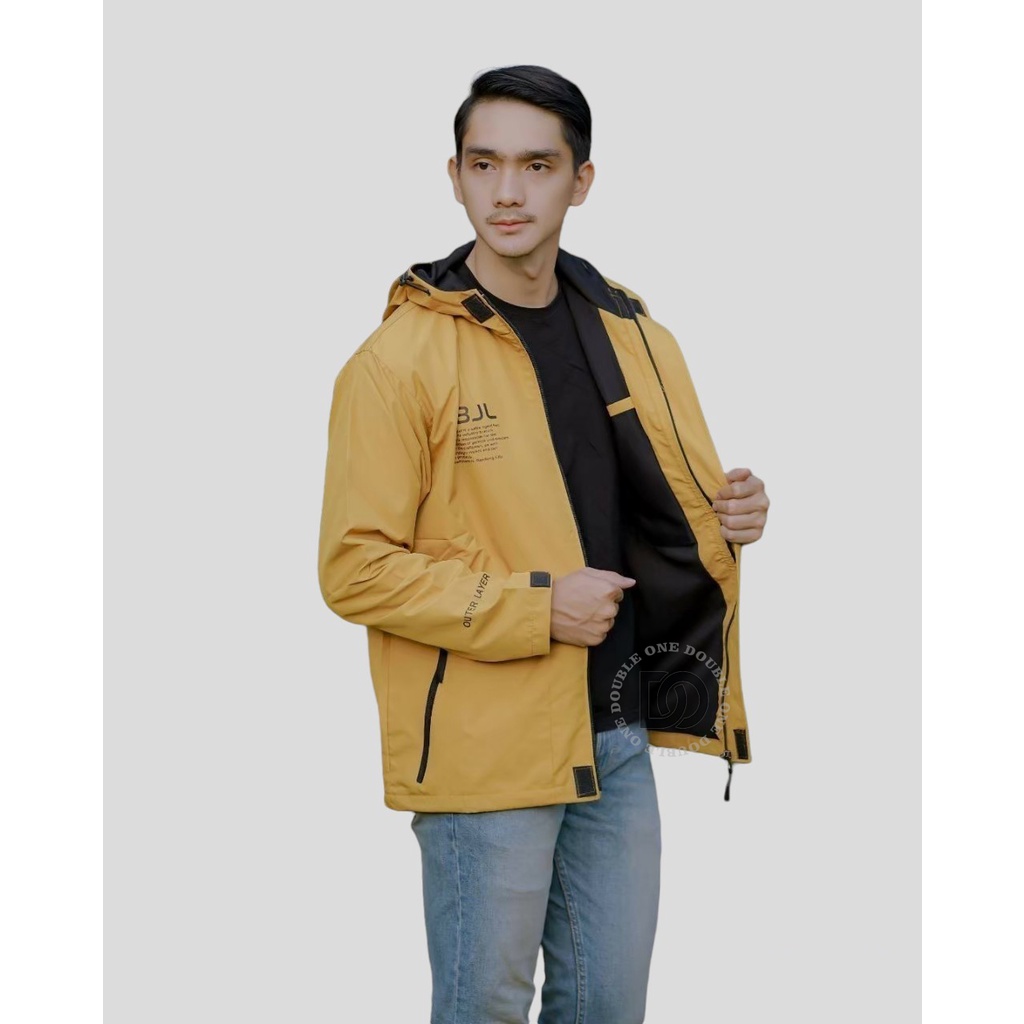 DOUBLE ONE - Jaket Pria Outdoor Taslan Original THE BOJIEL / Jaket Waterproof / Jaket Hoodie Parasut Pria / Jaket Hoodie Anti Air Kuning