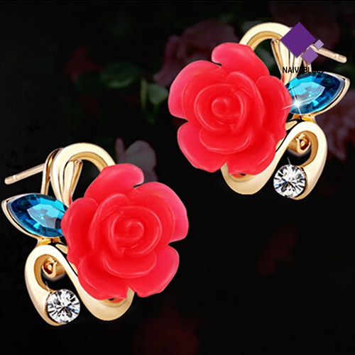 Anting Stud Bentuk Bunga Bahan Resin Aksen Berlian Imitasi Untuk Wanita