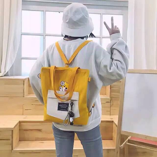 Tas Tote Bag Wanita Kanvas Tebal 3in1 Kucing Cat Lidya Resleting Cewek Sekolah Kuliah Korea Fashion Murah Grosir COD TOKO92