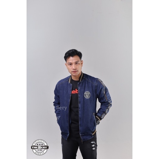 Jaket jeans pria / Jaket the berry logo kulit kerah / Jaket bomber denim