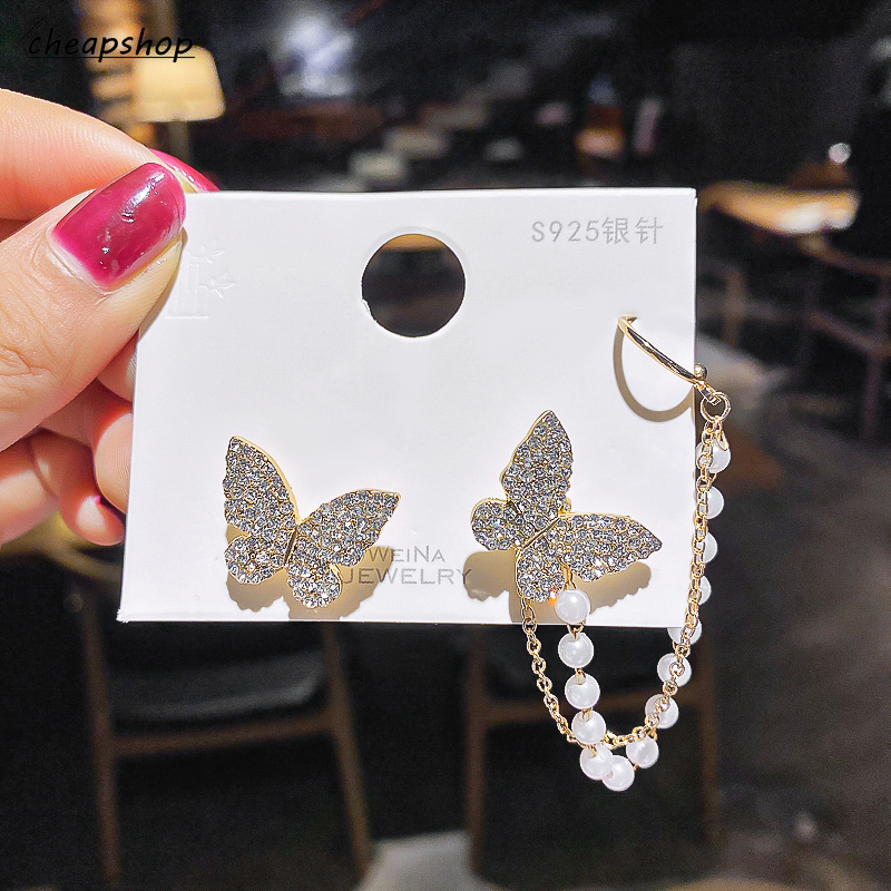 IFYOU Korean Personality Asymmetricear Ear Clips Simple Diamond Butterfly Pearl Tassel Earrings Fashion Jewelry Accessories