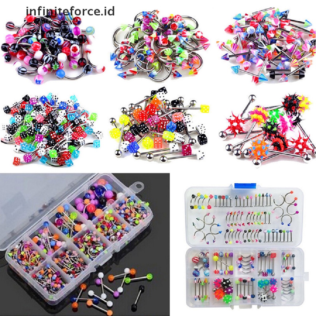 Infiniteforce.id 60pcs / Set Anting Tindik Lidah / Bibir / Tubuh Bentuk Barbel Warna Campur Untuk Wanita