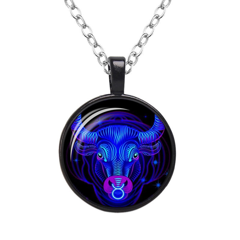 Kalung Rantai Dengan Liontin Kaca 12 Zodiak Untuk Unisex