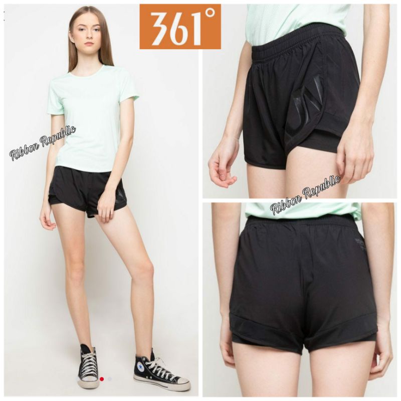 361 Degrees Woman 2in1 Shorts Celana Pendek Olahraga Wanita Double Fitness Running Cycling Original