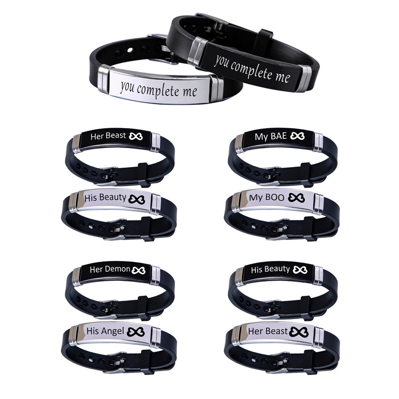 Fancyqube 2pcs / Set Gelang Bahan Silikon Stainless Steel Desain Mahkota Her King His Queen Untuk Pasangan