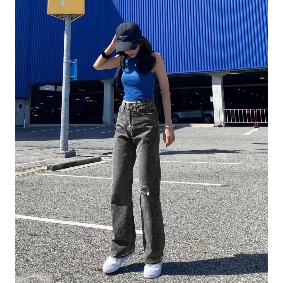 HOPYLOVY Celana Panjang Kulot Jeans Highwaist Sobek Long BF Ishika Loose Jeans