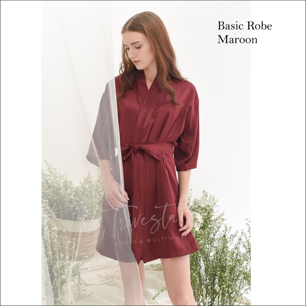 Trivesta Robes - Basic Robe Maroon - Kimono Robe Bridesmaid Satin + Free Bordir (Tulisan Bebas Bisa Nama)