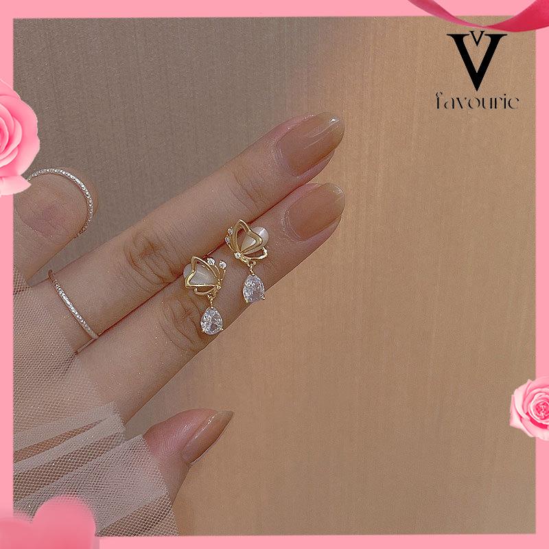 [COD]Opal Butterfly Love Water Drop Zircon Earrings Desain Niche Wanita Anting Temperamen Kelas Atas-FA