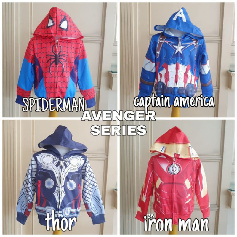 JAKET HOODIE ANAK COWOK MOTIF SPIDERMAN IRONMAN THOR CAPTAIN AMERICA AVENGER IMPORT BAHAN TEBAL