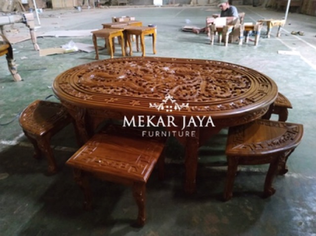 Set Meja Santai Osin Ukit Relief Naga Jati Furniture Jepara / Minimalis Kayu Jati