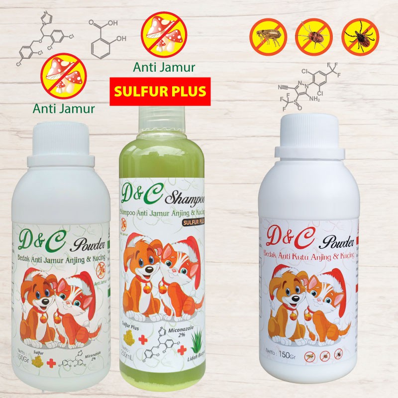 D&C Paket Bedak & Shampo SULFUR PLUS Atasi Kutu Jamur Anjing Kucing