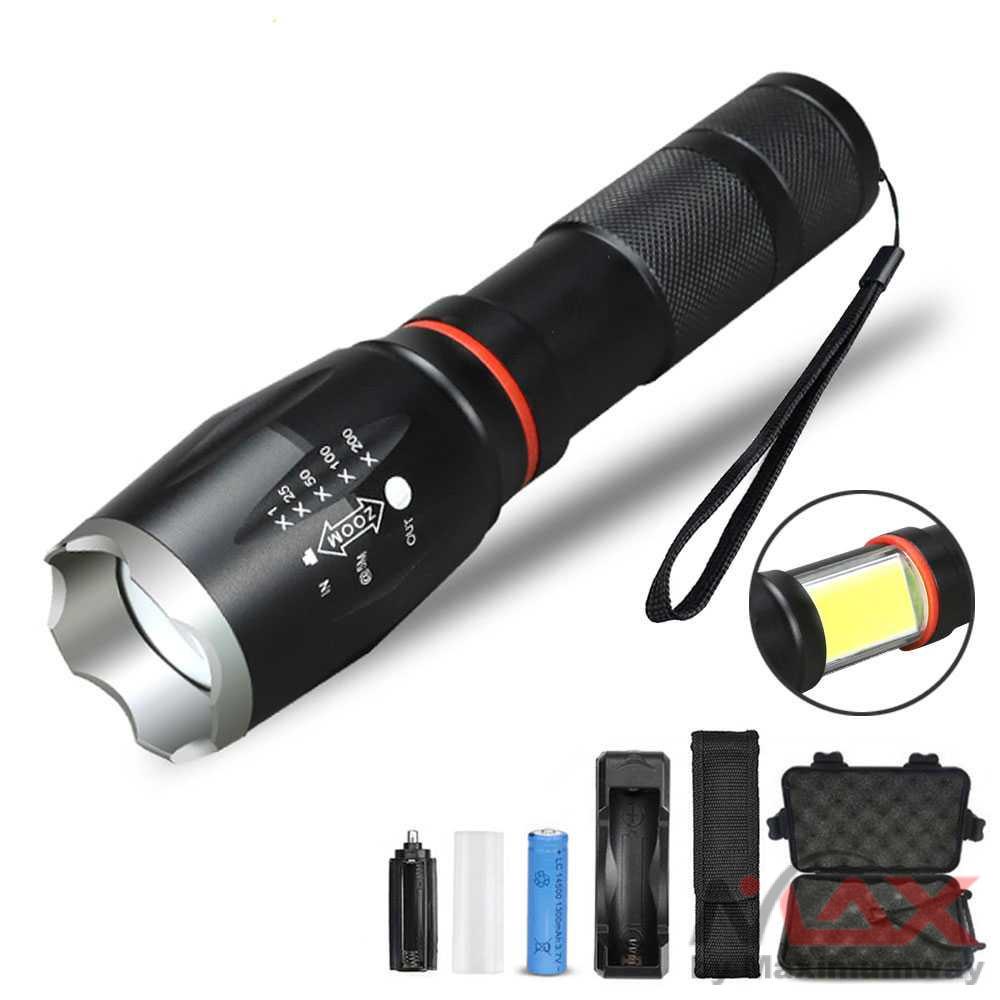 Paket Senter + charger + Baterai 18650 + Box - LED Swat Police Light Recharge Outdoor Cree XM-L T6