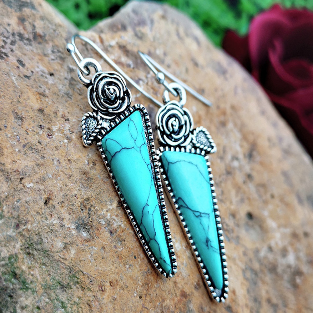 Hu Hu Hu Hu Hu Alat Bantu Pasang Kacamata♡ Anting Kait Gantung Desain Mawar Segitiga Hias Turquoise Imitasi Gaya Vintage Untuk Wanita