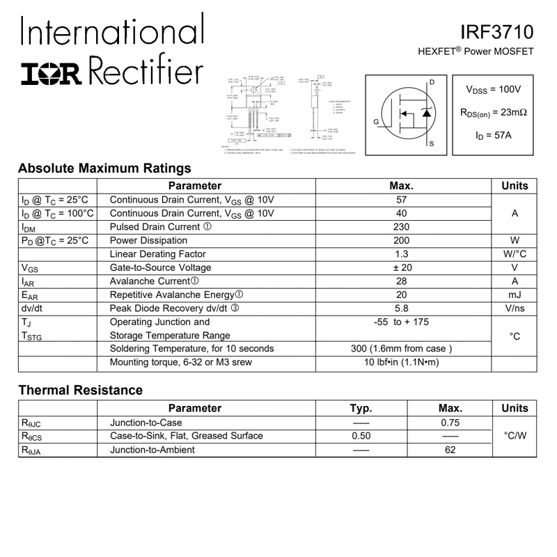 TRANSISTOR IRF3710 TR IRF 3710 TRANSISTOR MOSFET 57A 100V