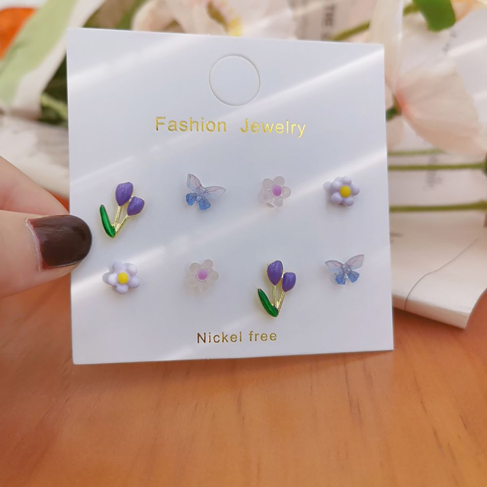 Needway  4 pairs/set Women Stud Earrings Sweet Fashion Jewelry Flower Earrings Set Party Cute Tulip Female Lovely Girl Korean Style Earrings/Multicolor