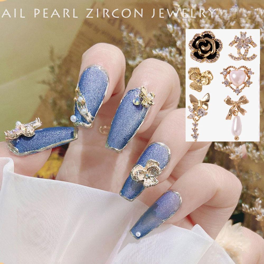 Agustina Kupu-Kupu Kuku Rhinestones Pesona Zirkon Bunga Mewah Nail Art Perhiasan Rantai Liontin Manicure Aksesoris