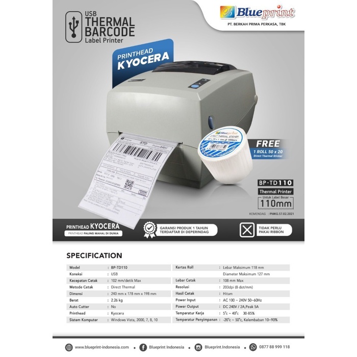 PRINTER BARCODE THERMAL BLUEPRINT TD110 USB - LABEL RESI UKURAN A6