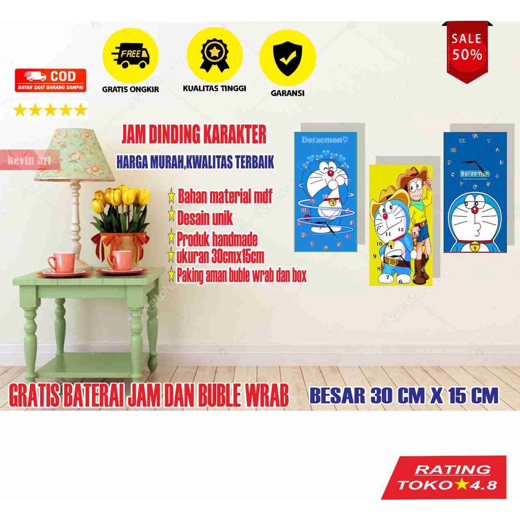 JAM DINDING KARAKTER DORAEMON MINIMALIS UNIK BESAR KAYU VINTAGE SOUVENIR JAM CAFE Kevinart