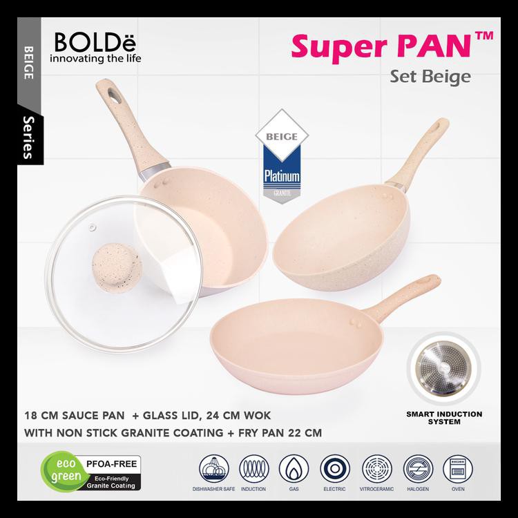 Wajan Bolde Super Pan Granite 3 + 1 Beige Bolde Super Pan Set 3+1 Panci Set Bolde Beige