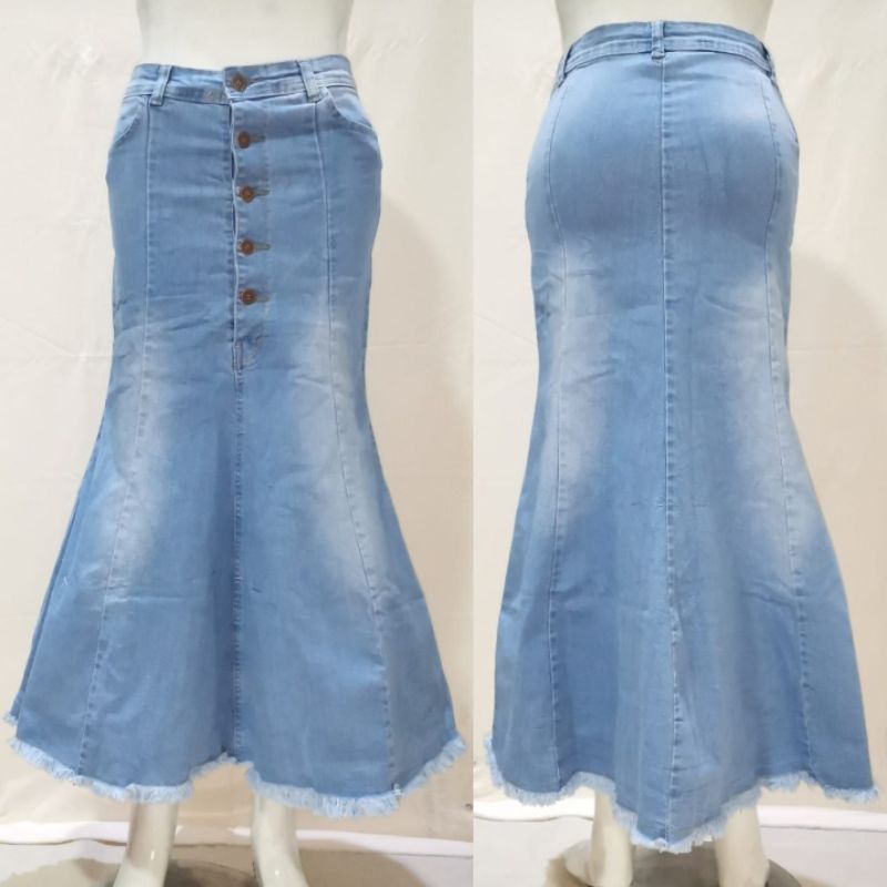 Rok Jeans Maxi Mermaid Kancing 5 Duyung Rawis Soft Jeans